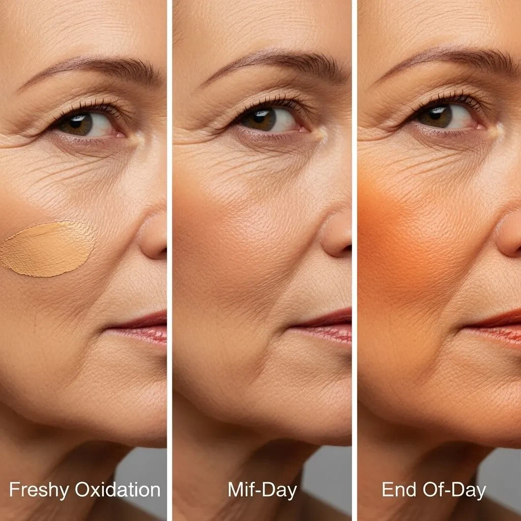 Foundation oxidation progression on mature skin from fresh application to orange discoloration