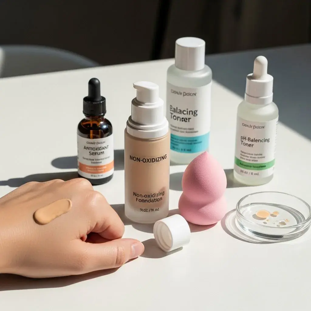 Non-oxidizing foundation application setup with water-based formula and pH-balancing skincare