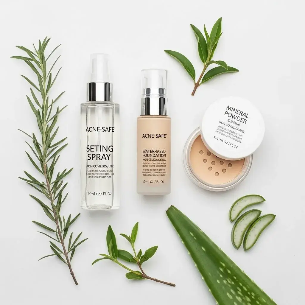 Non-comedogenic setting spray and acne-safe makeup products arranged to show compatible routine