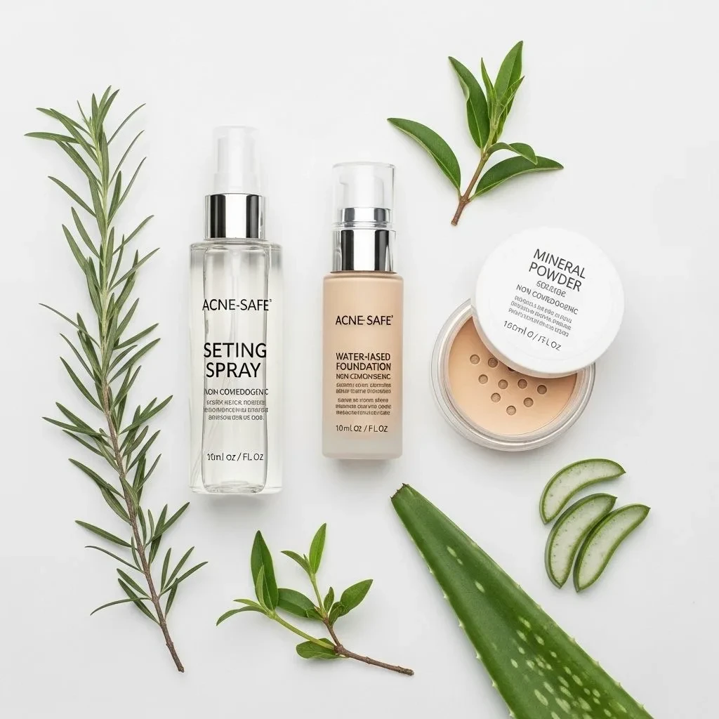 Non-comedogenic setting spray and acne-safe makeup products arranged to show compatible routine