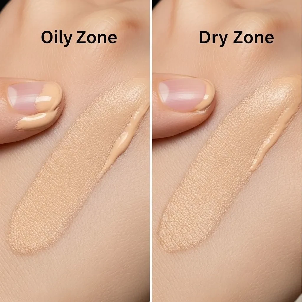 Oil-free tinted moisturizer application showing finish on combination skin