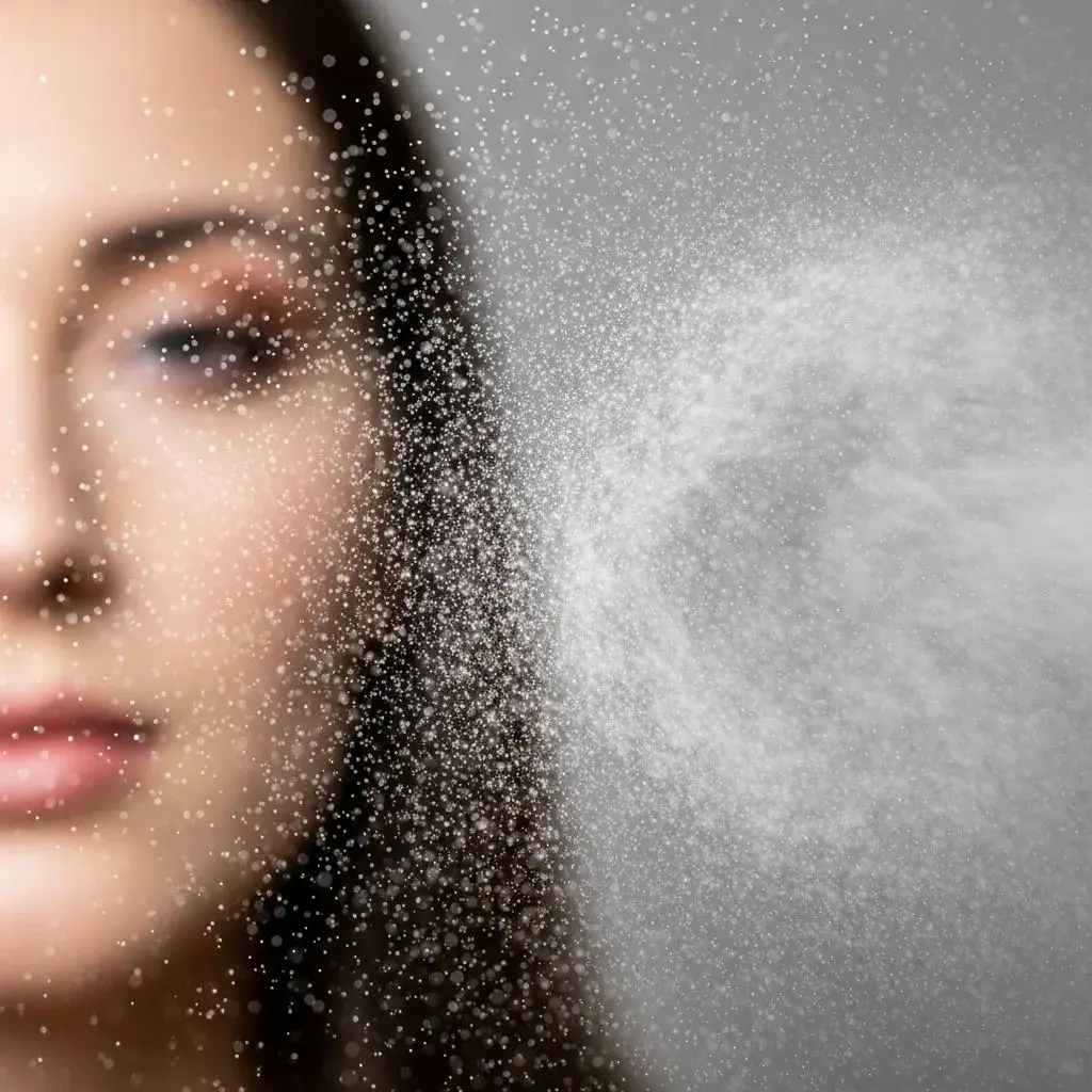 Fine mist pattern of oil control setting spray showing proper application technique