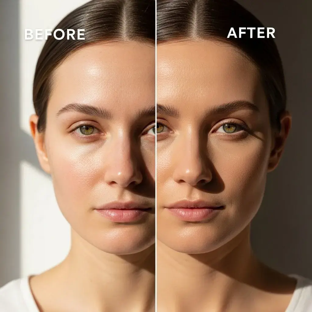 Before and after comparison showing properly matched tinted moisturizer on fair pale skin with natural finish