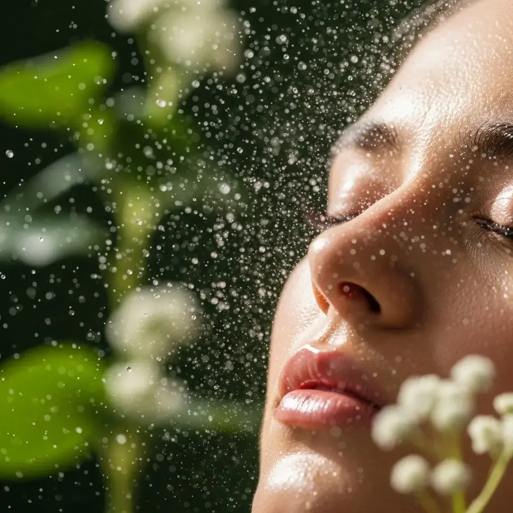 Fine mist spray droplets providing instant hydration to skin