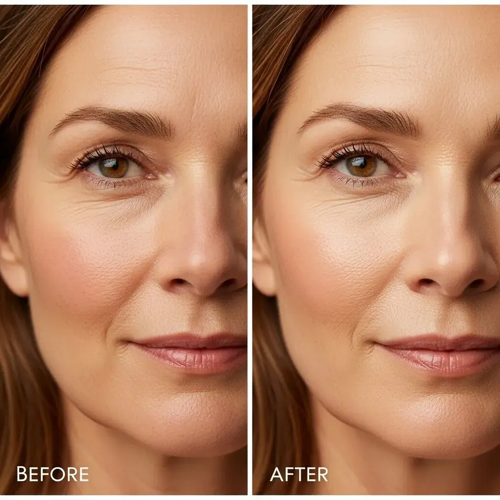 Comparison showing tinted moisturizer coverage and hydration on mature skin
