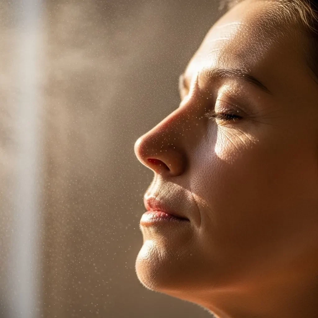 Woman applying facial cleansing spray mist to mature menopausal skin