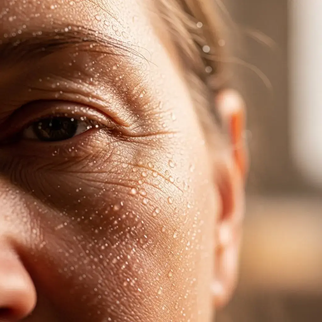 Hydrating face mist application on menopausal skin showing moisture retention