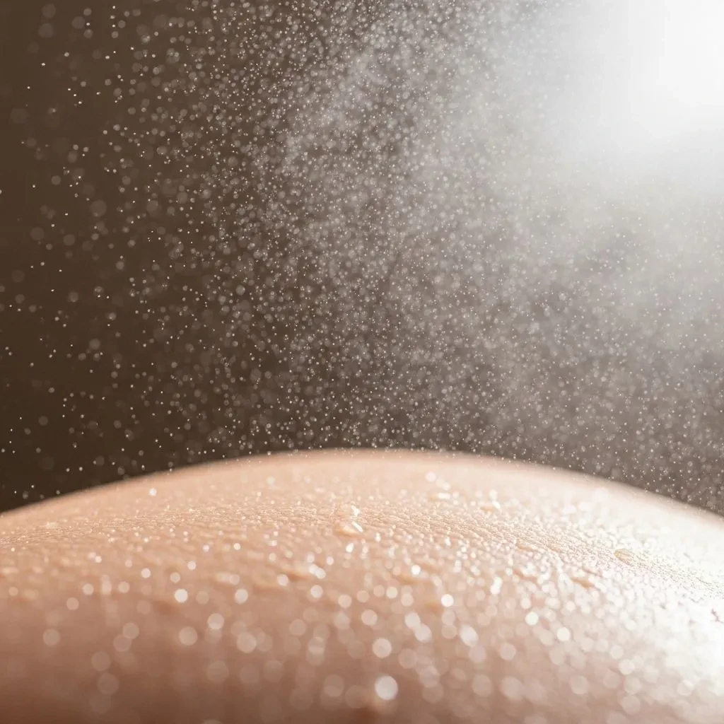 Fine mist setting spray application creating dewy finish on skin