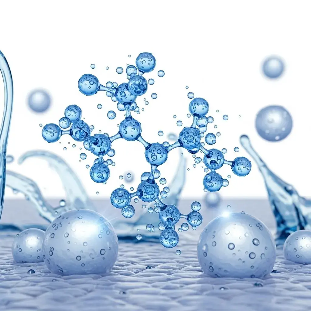 Scientific visualization of hyaluronic acid molecules binding with water for skin hydration
