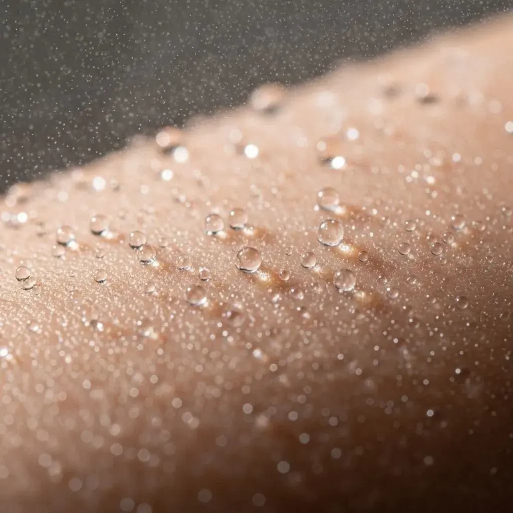 Close-up of hyaluronic acid face mist droplets absorbing into dehydrated menopausal skin