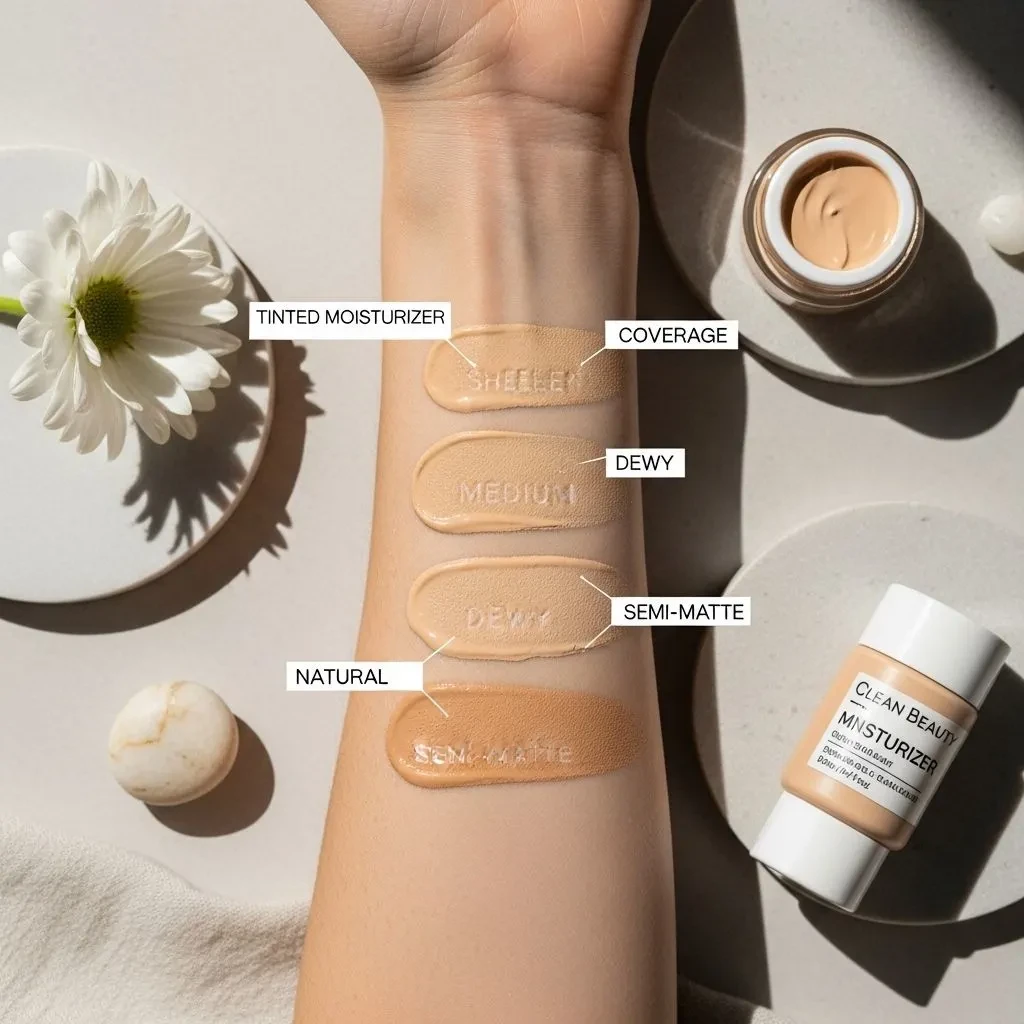 Comparison of tinted moisturizer coverage levels and finishes on mature skin