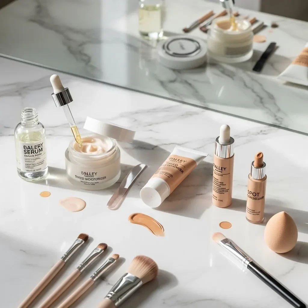 Layered beauty routine showing skincare, tinted moisturizer, and concealer products