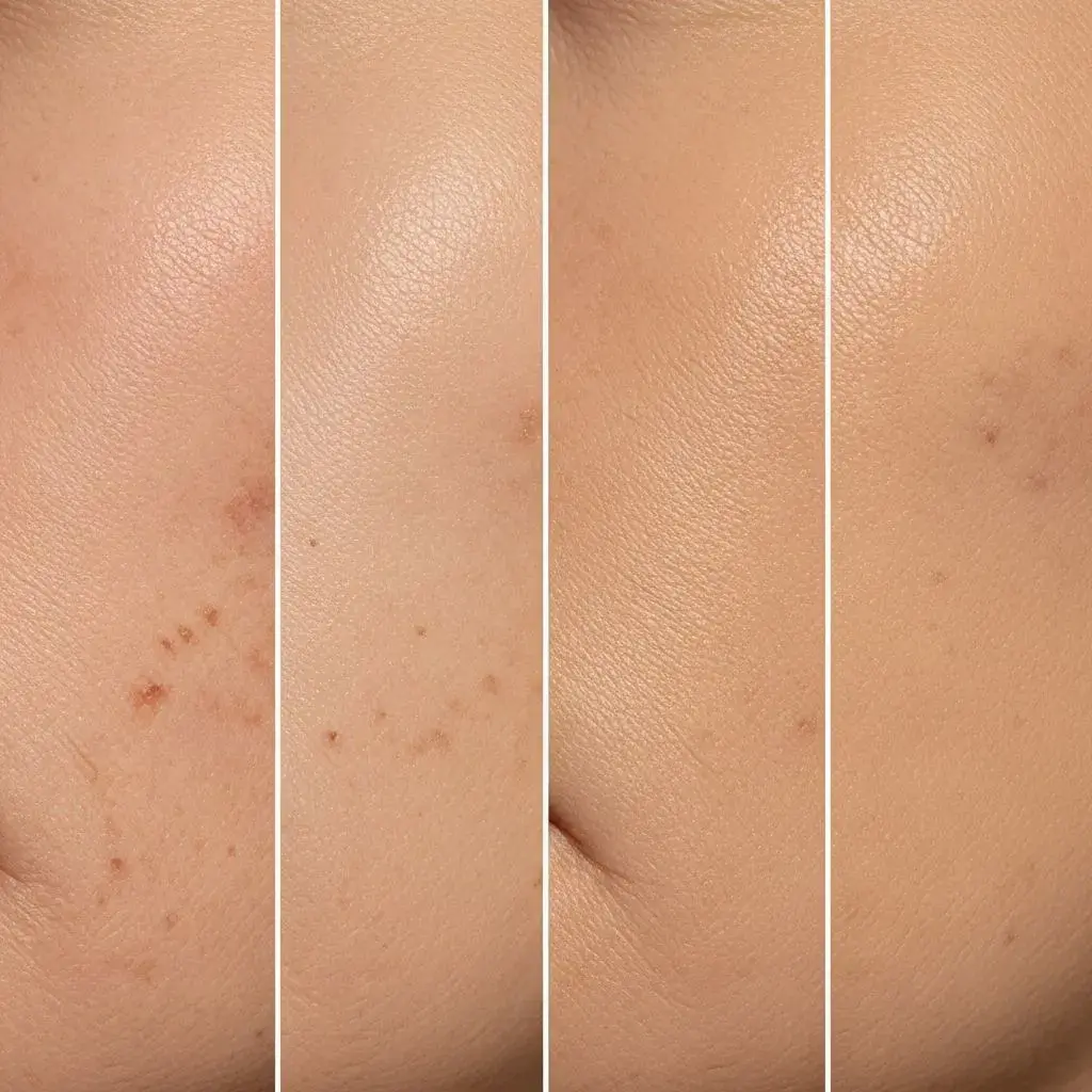Comparison showing bare mature skin versus tinted moisturizer versus foundation coverage