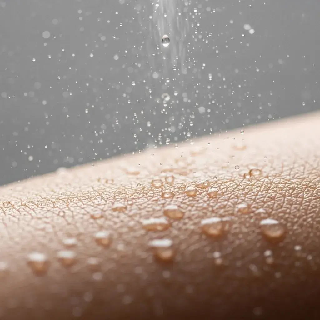 Facial mist application showing fine water droplets penetrating skin surface for hydration