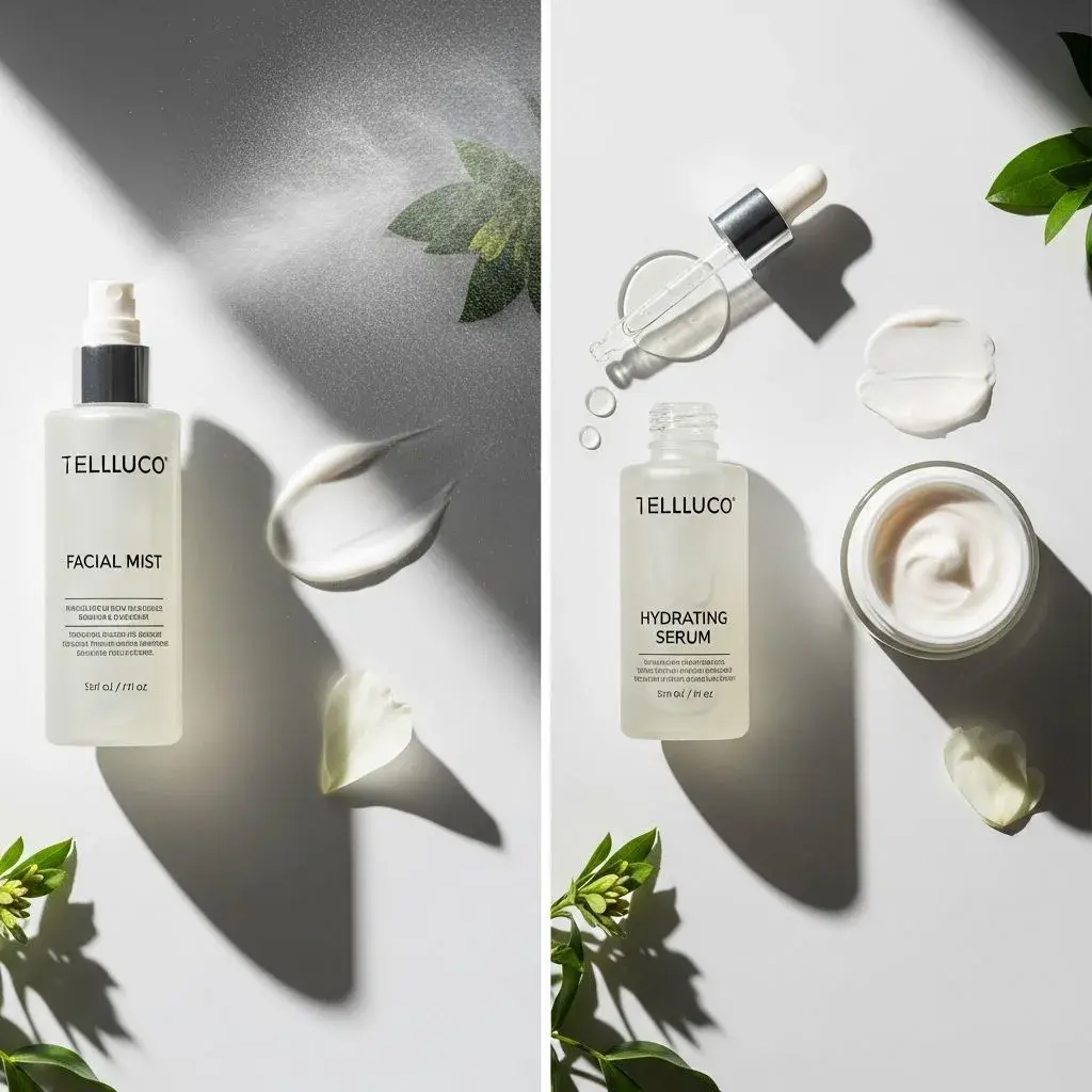 Proper skincare layering sequence showing facial mist placement with serum and moisturizer