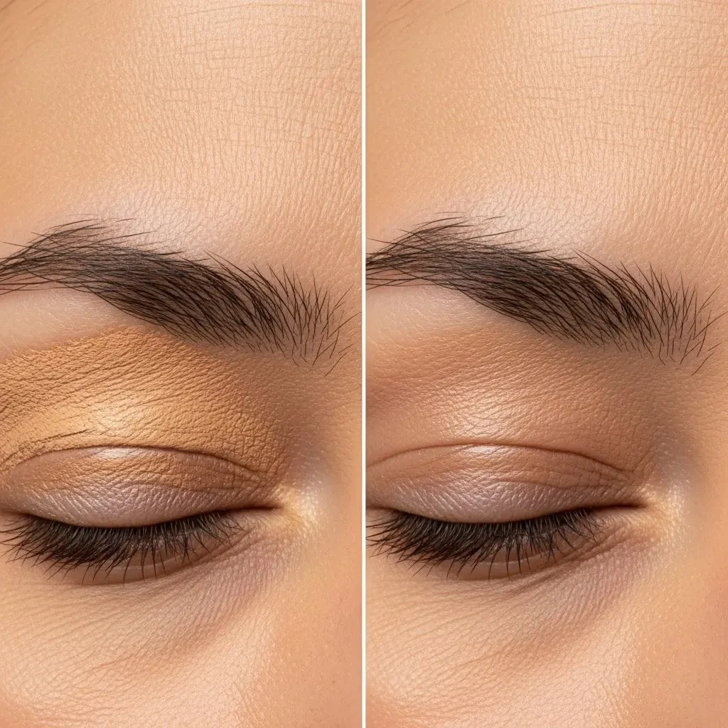 Comparison of heavy coverage versus light-diffusing makeup on deep forehead wrinkles