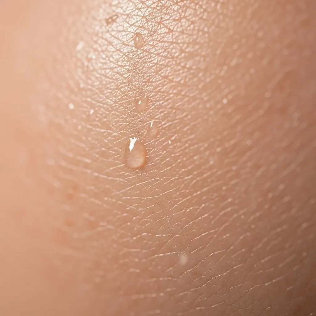 Close-up of well-hydrated mature skin with minimized pore appearance