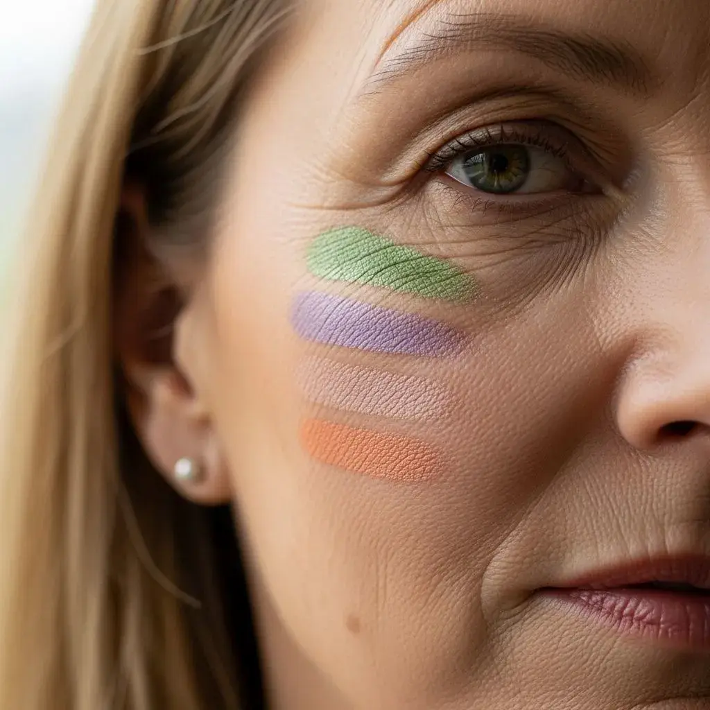 Color-correcting tinted primer swatches on mature menopausal skin