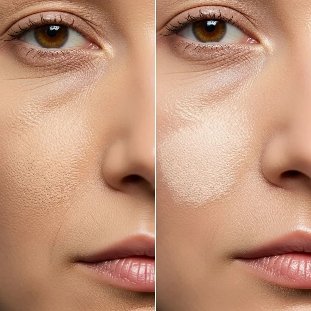 Comparison showing heavy concealing versus light-manipulation technique on marionette lines