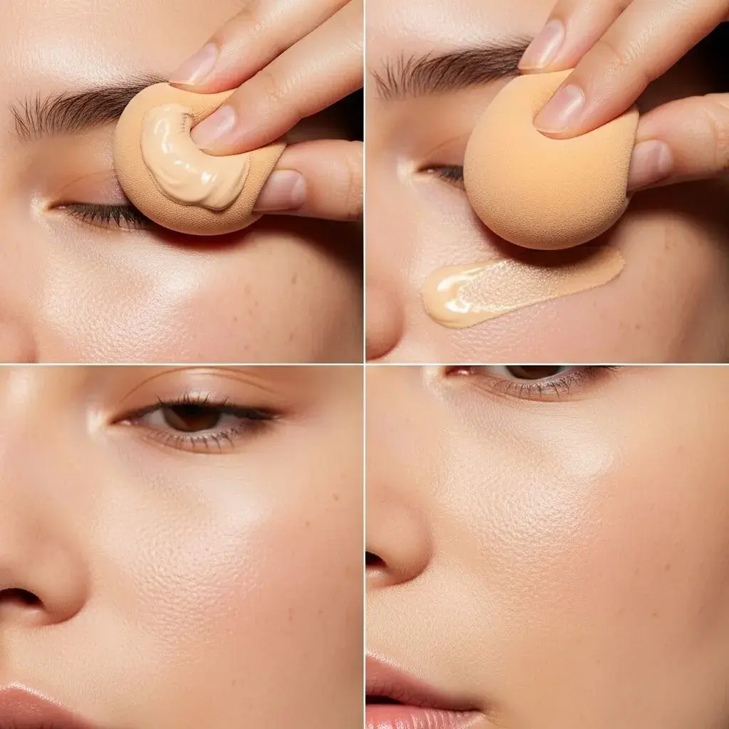 Demonstration of correct stippling technique for applying foundation over pore-filling primer