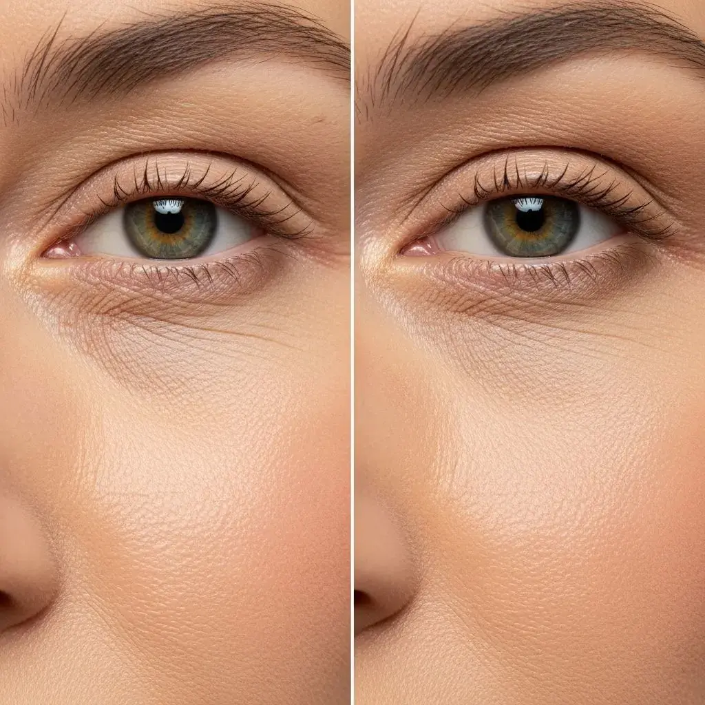 Macro comparison of creased versus crease-free makeup application showing product behavior in fine lines