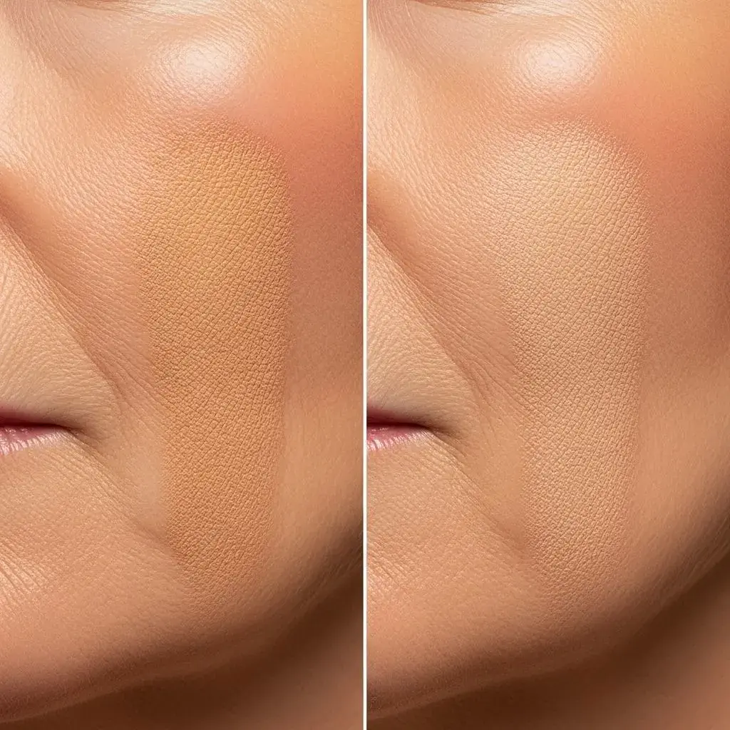 Comparison swatches of baked powder foundations on mature skin