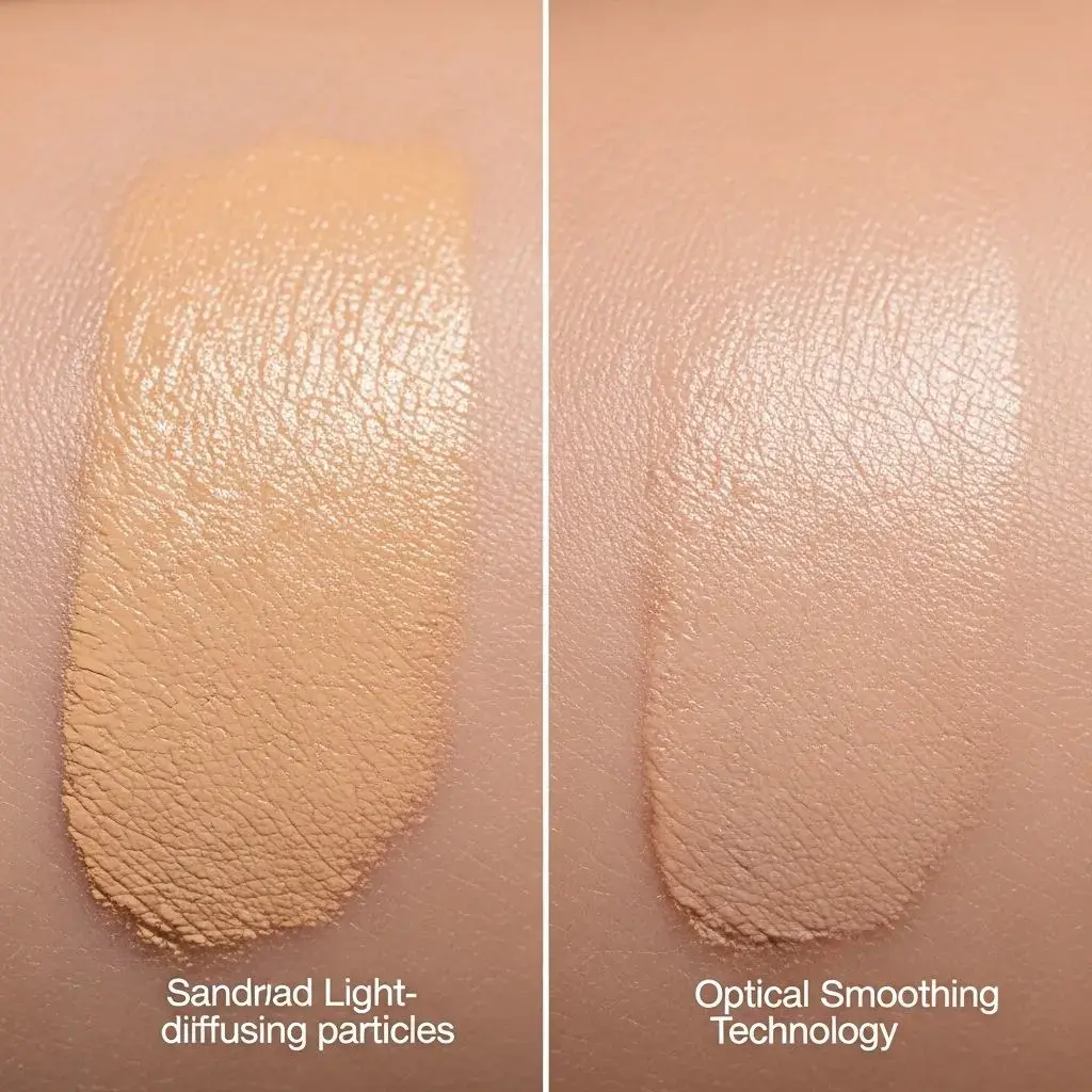 Demonstration of light-diffusing technology in smoothing foundation on textured skin