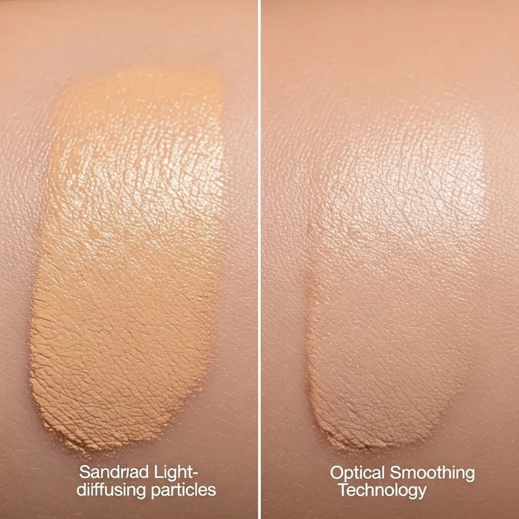 Demonstration of light-diffusing technology in smoothing foundation on textured skin