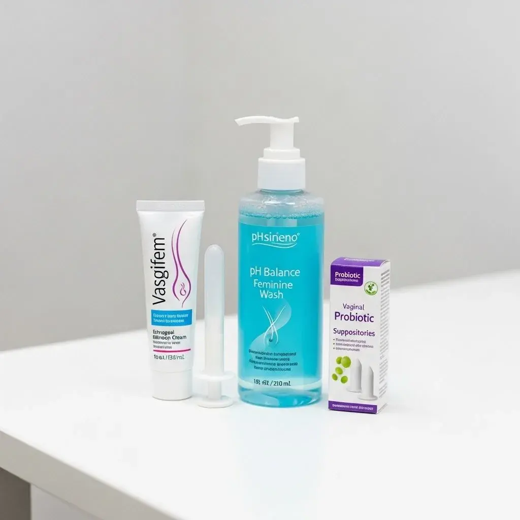 Treatment options for bacterial vaginosis during menopause including vaginal estrogen and pH-balancing products