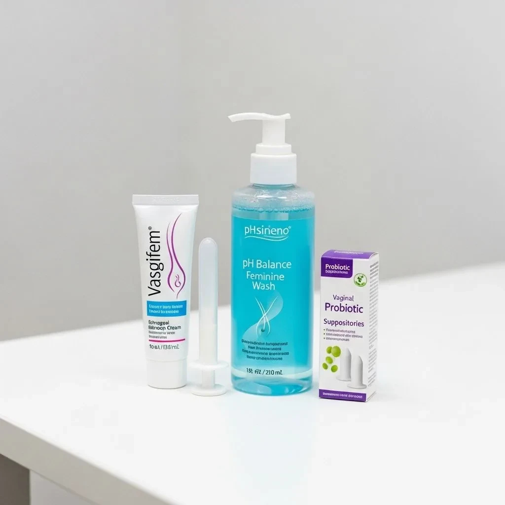 Treatment options for bacterial vaginosis during menopause including vaginal estrogen and pH-balancing products