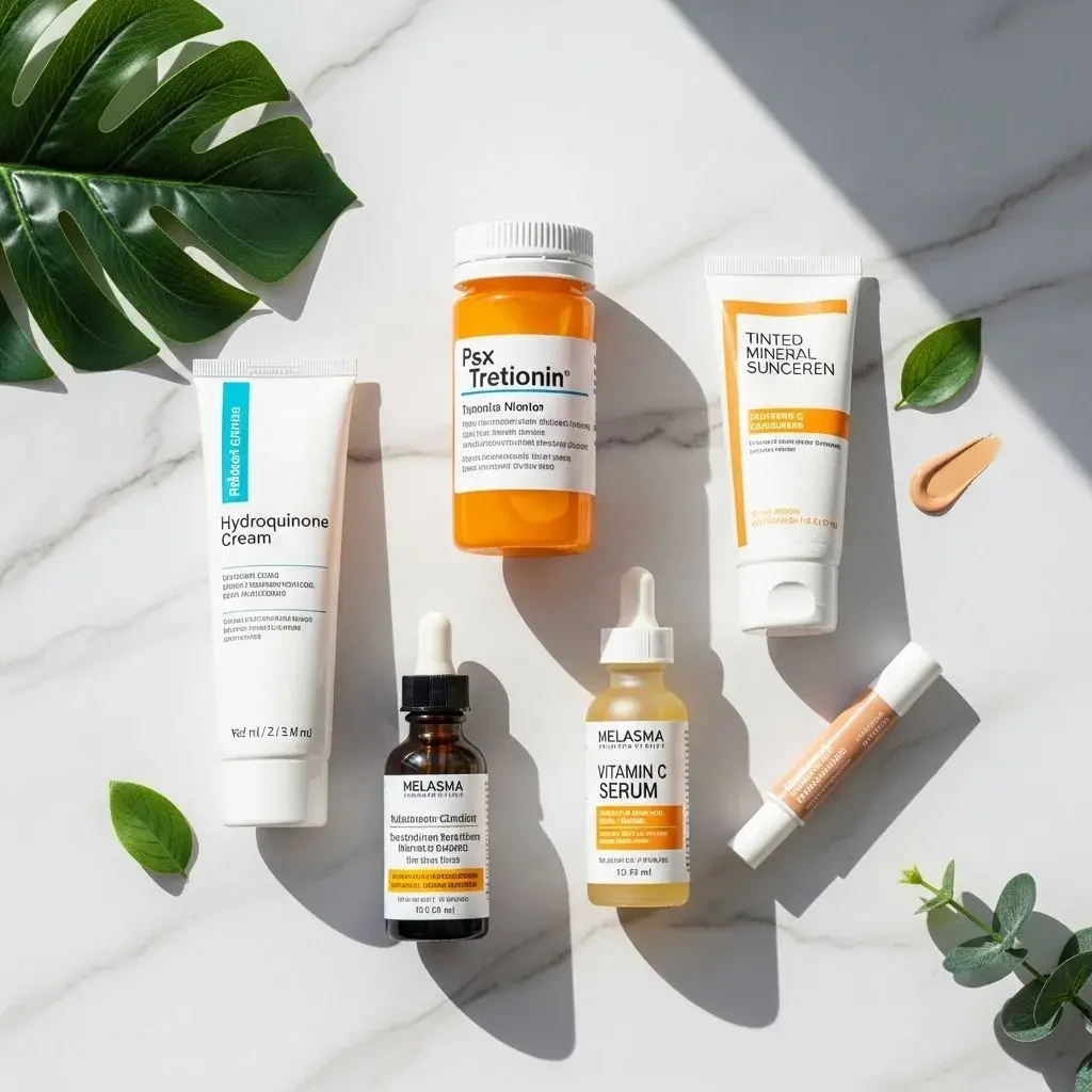 Comprehensive melasma treatment products for menopausal skin including prescription and protective options