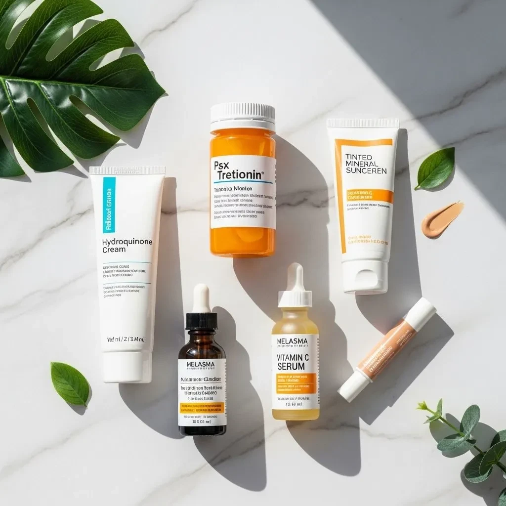 Comprehensive melasma treatment products for menopausal skin including prescription and protective options