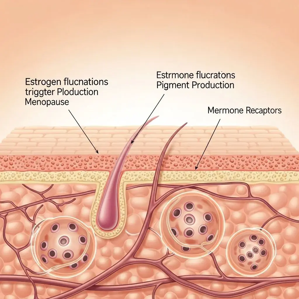 Skin layer cross-section showing how hormonal changes affect melanocyte activity during menopause