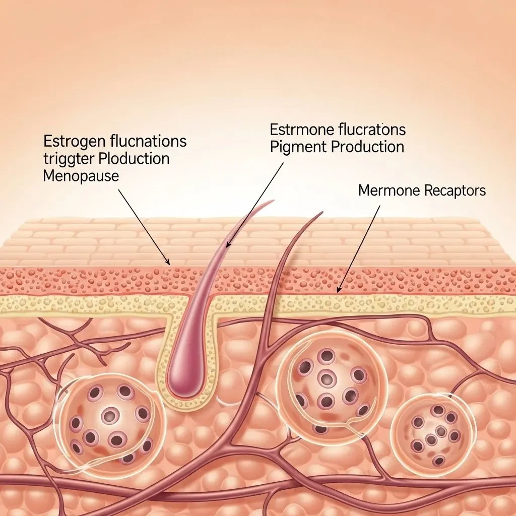 Skin layer cross-section showing how hormonal changes affect melanocyte activity during menopause