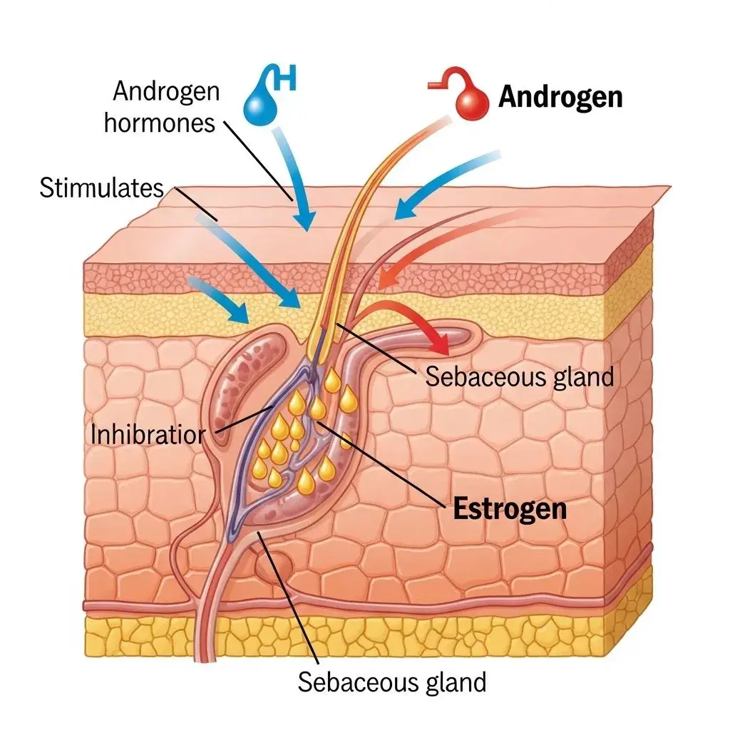 Sebaceous gland hormone interaction during menopause showing oil production