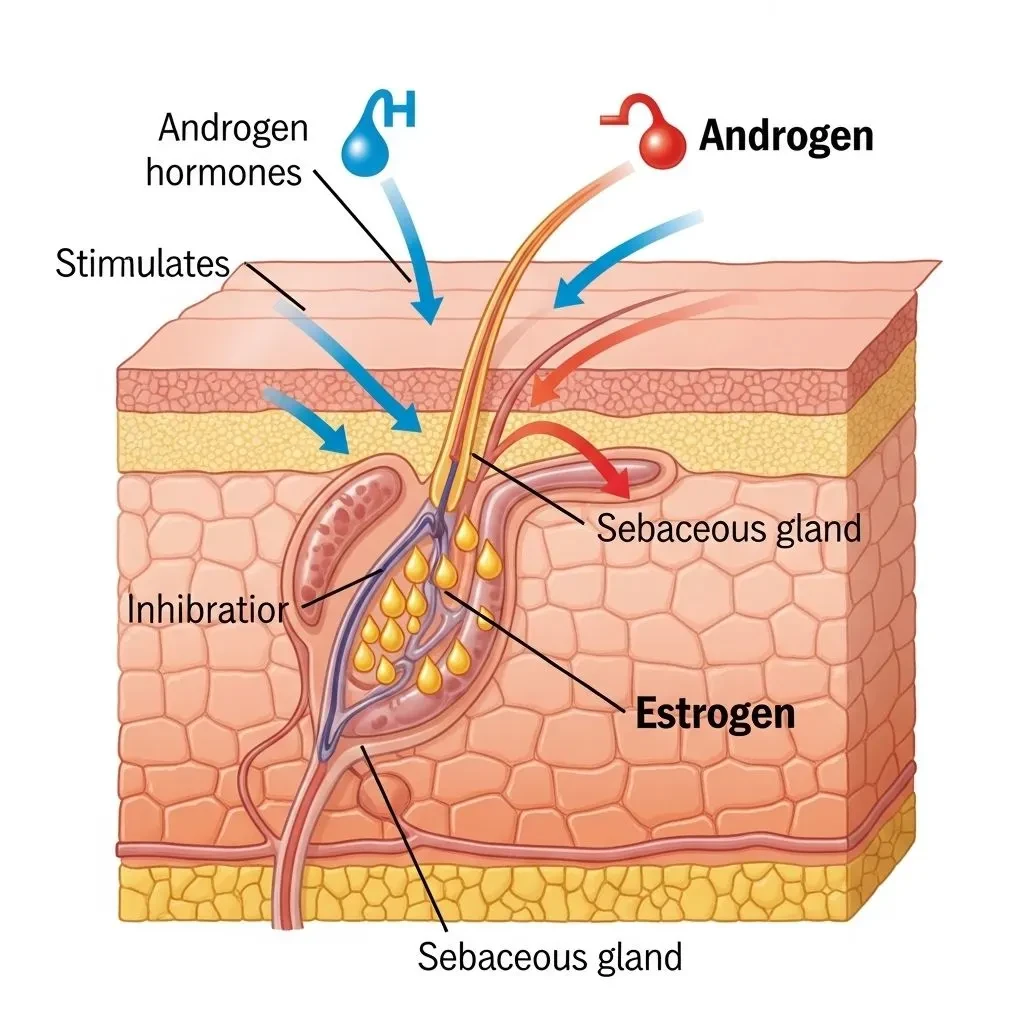 Sebaceous gland hormone interaction during menopause showing oil production