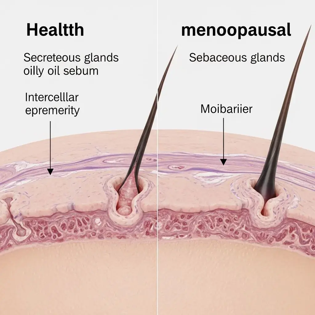Comparison of healthy scalp tissue versus menopausal scalp showing reduced oil production