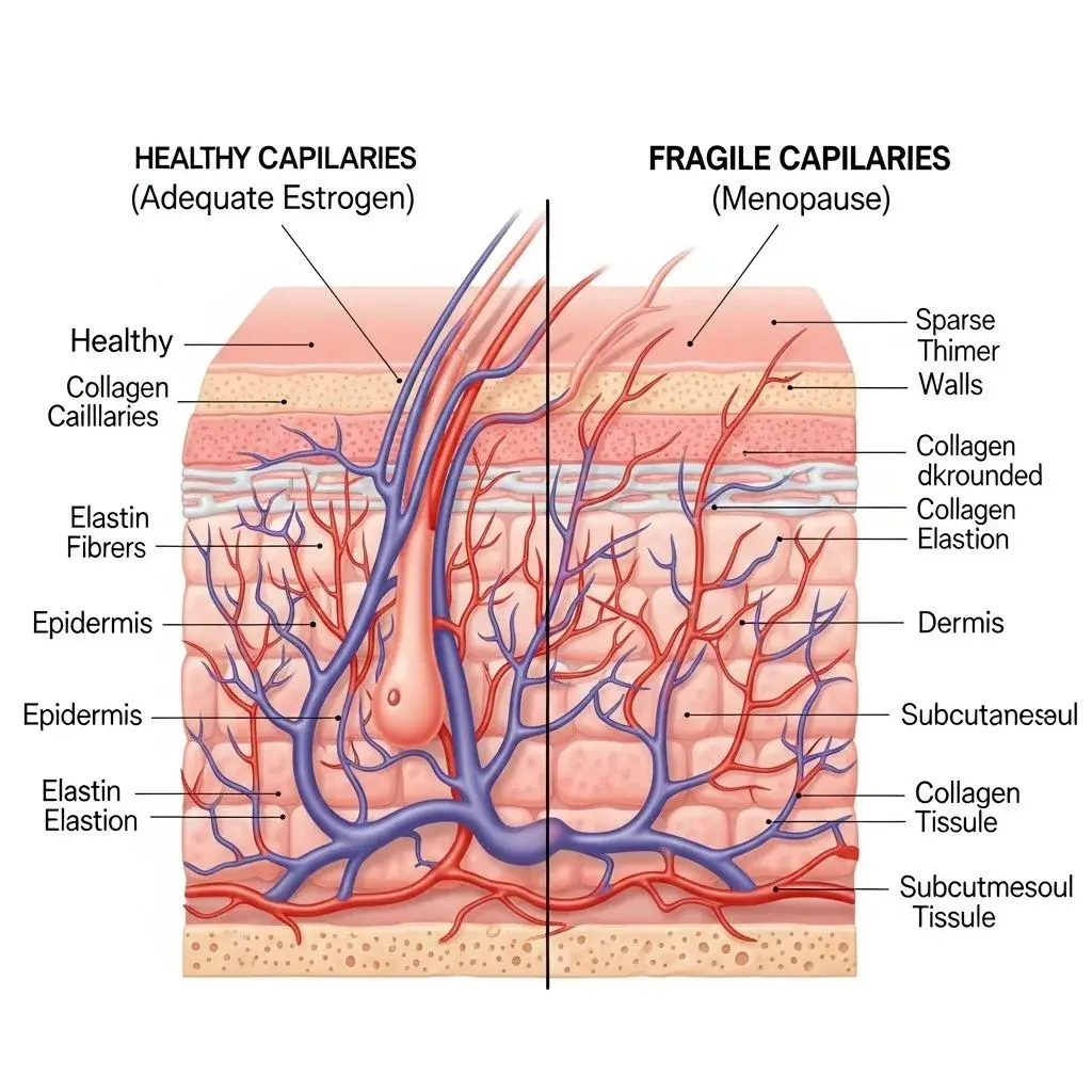 Medical illustration comparing healthy blood vessels versus menopausal capillary fragility