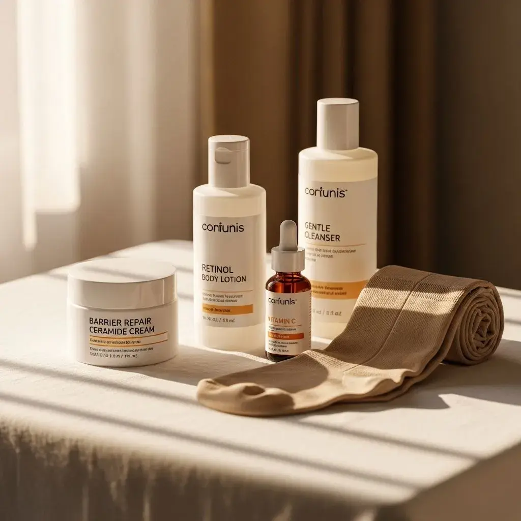 Complete treatment routine for menopause sensitive skin and leg sagging including barrier repair and collagen-stimulating products