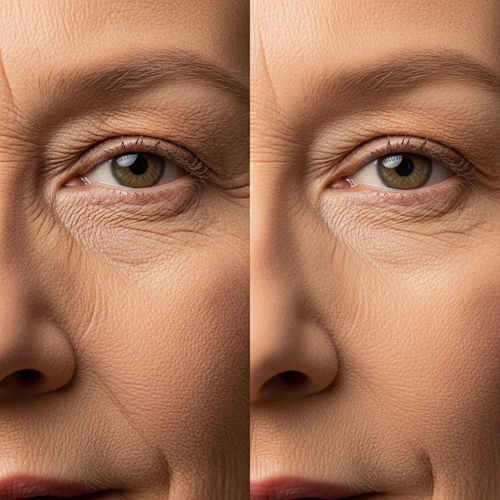 Comparison of powder application techniques on menopausal skin showing settling differences