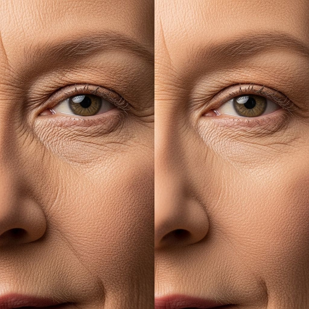 Comparison of powder application techniques on menopausal skin showing settling differences