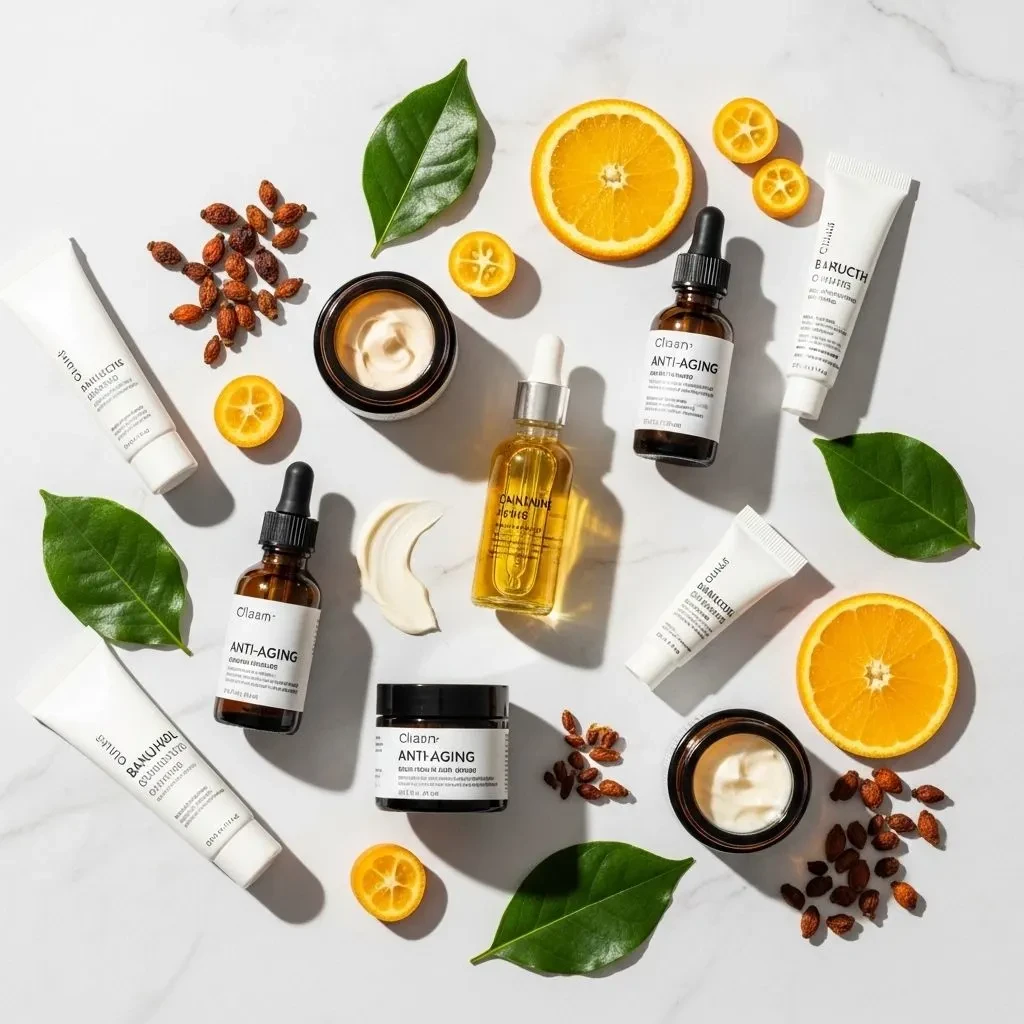 Clean anti-aging skincare products with natural botanical ingredients