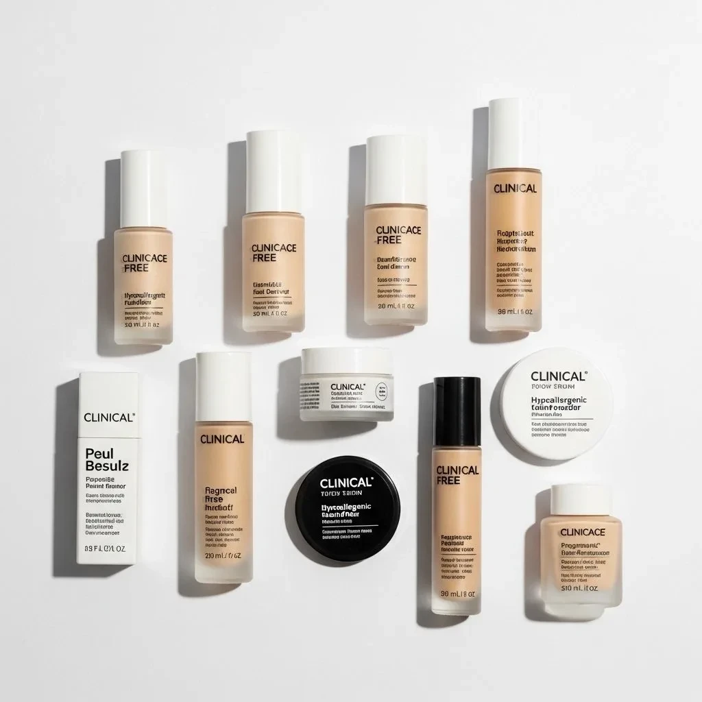 Collection of fragrance free foundation options from dermatologist-tested brands for sensitive skin