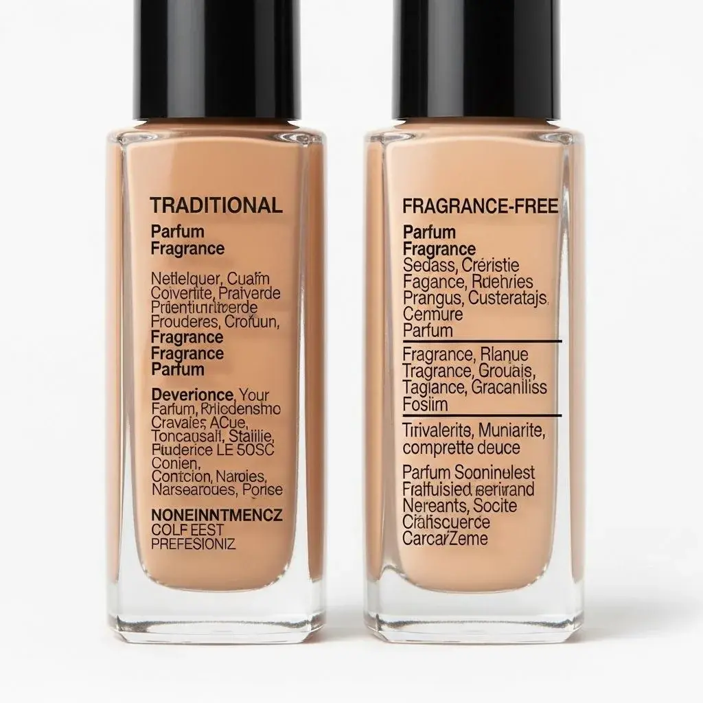 Comparison of foundation ingredient labels showing fragrance versus fragrance free formulations