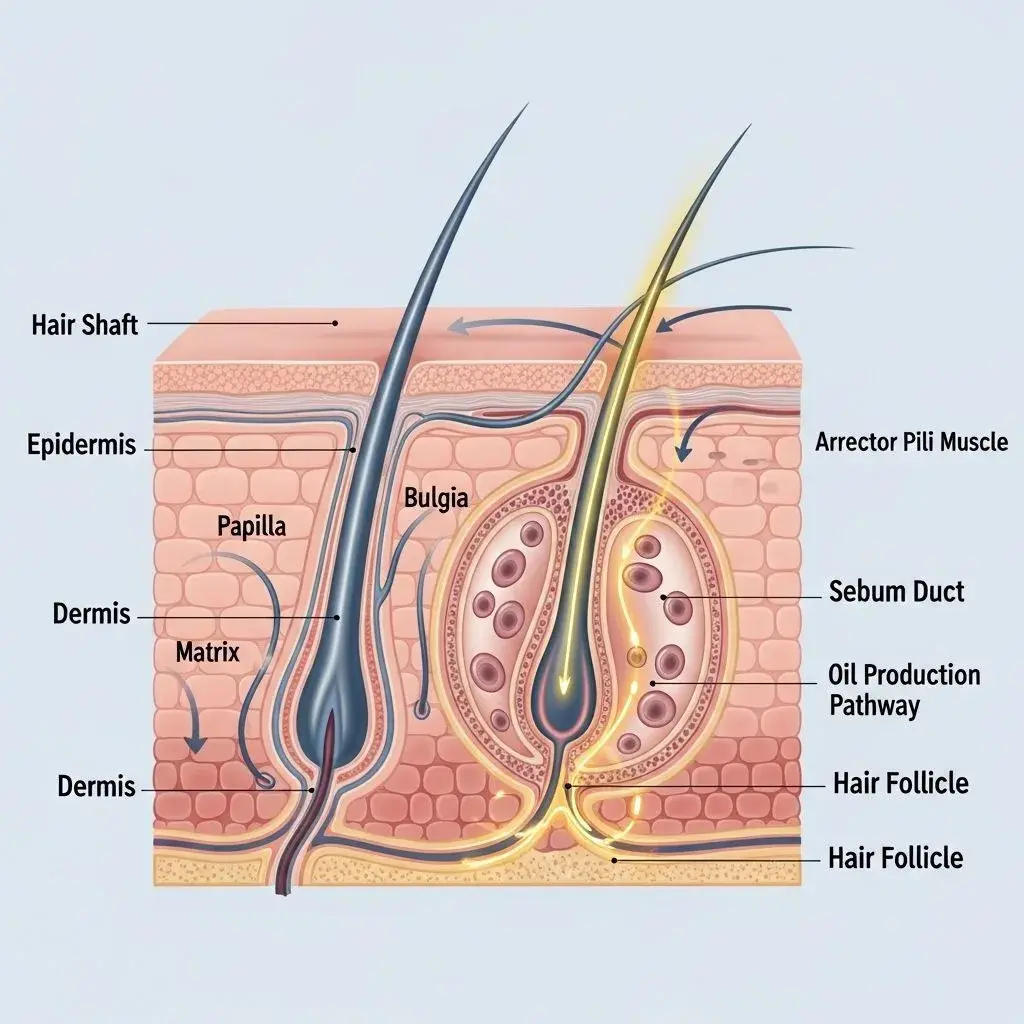 Anatomical illustration of scalp hair follicle and sebaceous gland producing oil