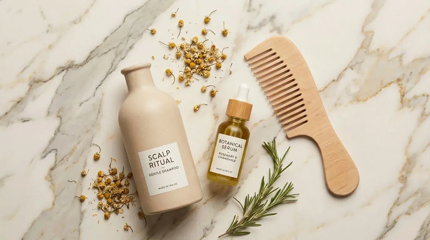 Scalp care products including shampoo, serum and comb arranged on marble surface