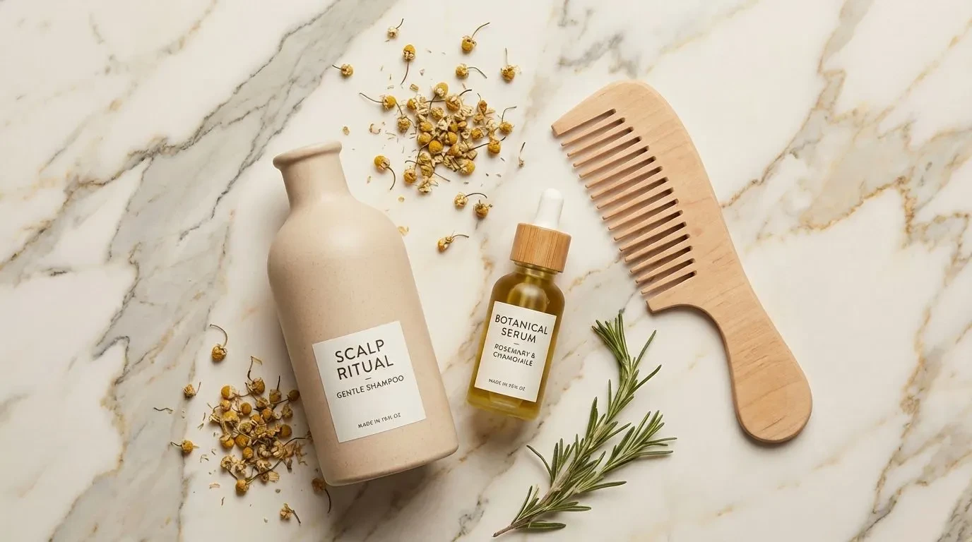 Scalp care products including shampoo, serum and comb arranged on marble surface