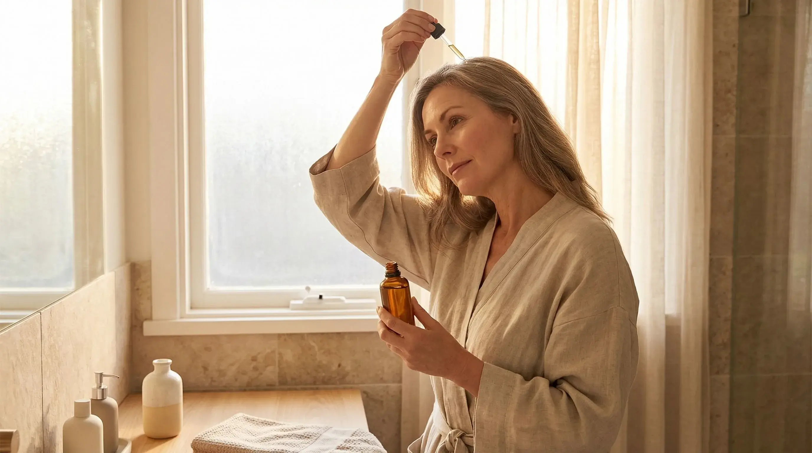 Woman applying scalp serum or oil treatment to relieve menopause-related scalp dryness