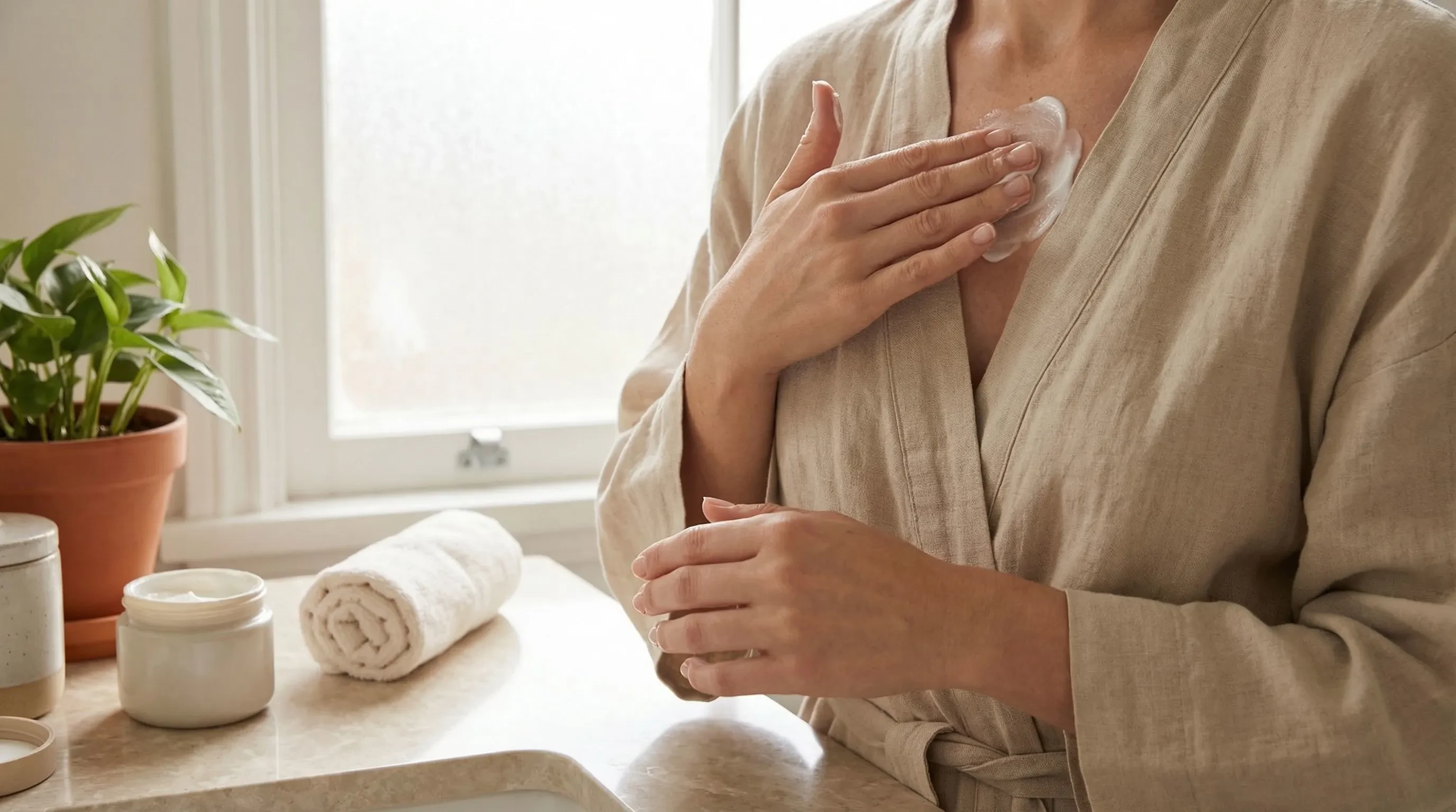 Woman applying moisturiser to chest area to relieve menopause breast skin dryness