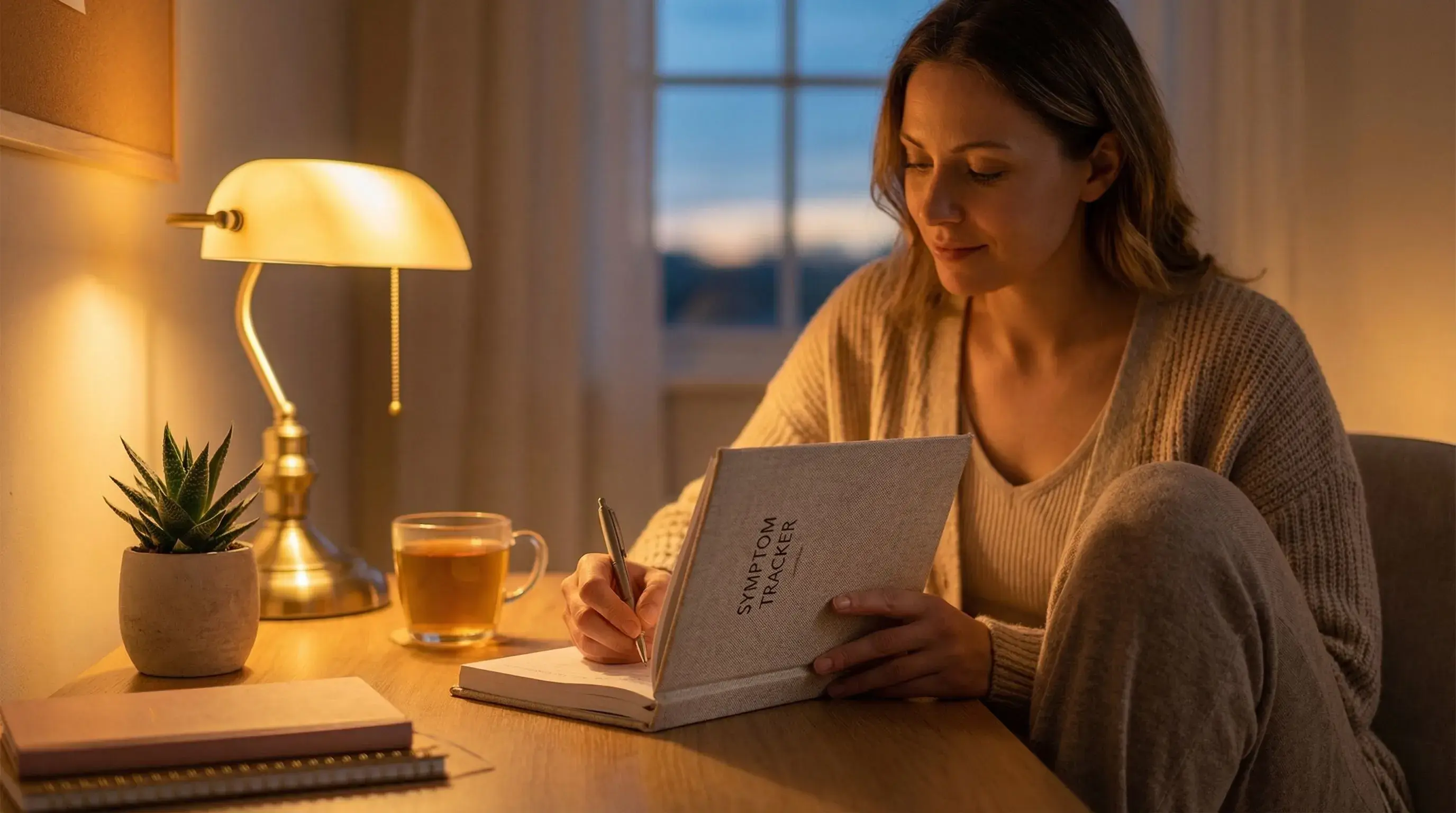 Woman tracking menstrual cycle skin symptoms in a journal